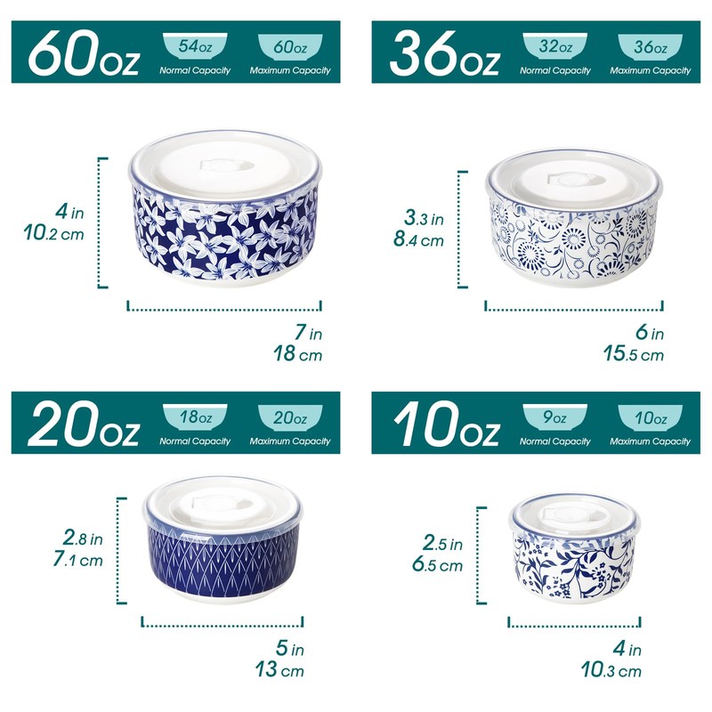 vancasso Ceramic Nesting Bowls with Lids Set of 4, Serving