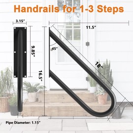 18" U-Shaped Stair Handrails for 1-2 Steps, Black Stair Railings for Indoor or Outdoor, Wall Mounted Hand Railings for Porch Garage, Safety Grab Bar for Stairs