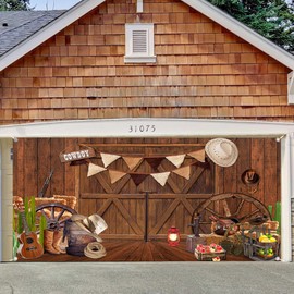 Jipusai Western Cowboy Garage Door Decorations Cover, Wild West Rustic Wooden Barn Door Garage Door Banner Backdrop, Kids Boy Cowboy Theme Birthday Party Decor Banner Cover, 16X7FT