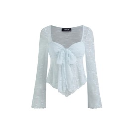 CIDER Mesh Tops Women Lace Square Neck Knotted Y2K Bell Sleeve Going Out Crop Top T Shirts Baby Blue