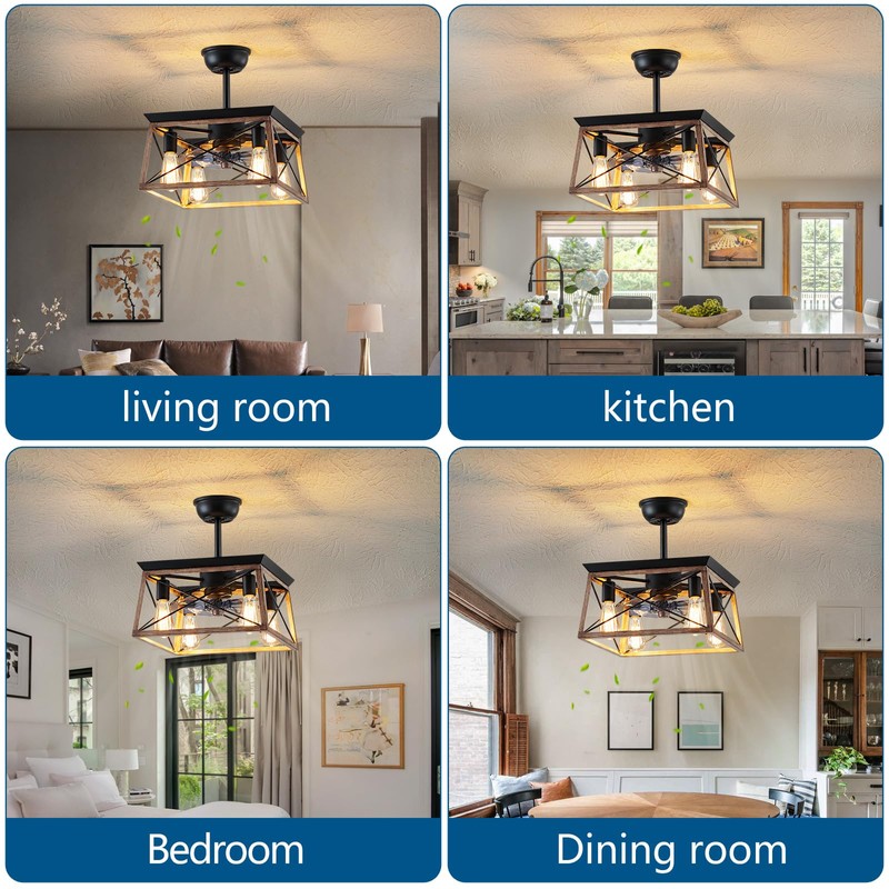 Dalouguan Farmhouse Ceiling Fan with Light, 4-Light Walnut Caged Ceiling