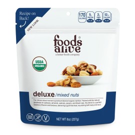 Foods Alive Organic Deluxe Mixed Nuts, 8oz, Kosher Blend of Premium Organic Cashews, Almonds, Walnuts, Pecans, Brazil Nuts