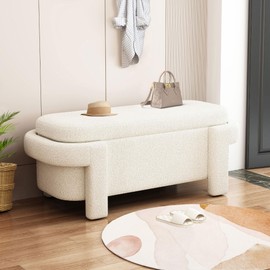 Favfurish Storage Bench,Upholstered Oval Ottoman with Wood Legs,End of Bed Stool w/Safety Hinge,Bedroom Upholstered Footrest,for Living Room,Entryway,Linen Fabric,Beige