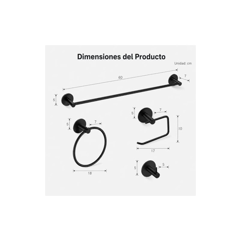 Juego 4 Piezas Accesorios de Baño Sin Taladrar, SUS304, Negro