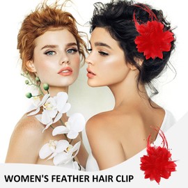 2 Pieces Fabric Rose Hair Clips, Flower Hair Accessories, Feather Hair Clips, Women Hair Clips, Women's Feather Hair Clips, Fashion Party Hair Accessories (Black, Red)