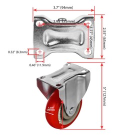4 Pack 4" Caster Wheels On Red Polyurethane Wheels Top Plate Non Swivel Rigid Fixed Stationery with Hardware