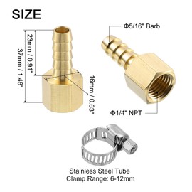 sourcing map 12pcs Brass Hose Barb Fittings, 5/16" Barb x 1/4" NPT Female Brass Barb Pipe Fitting Adapter with 12pcs Hose Clamps for Water Fuel Air