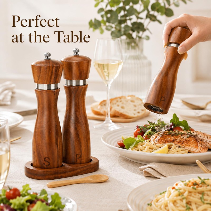 2Pcs Wooden Salt and Pepper Grinder, 8-inch Oak Mill Adjustable