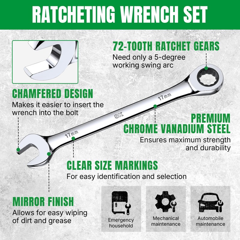 SK Ratcheting Wrench Set, Combination Wrench Set, 12-Piece, Metric 8
