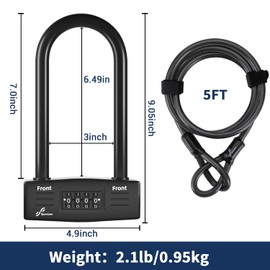 Sportneer Bike Lock: 14mm Keyless Combination Bike Lock with 5ft Security Steel Cable - Heavy Duty Anti Theft Shackle Bicycle U-Locks with Mounting Bracket for Road, Mountain, Electric & Folding Bike