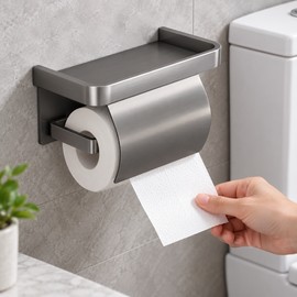 Toilet Paper Holder for Bathroom – Aluminum Alloy Self-Adhesive Wall Mount with Storage Shelf and Protective Cover