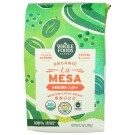 Whole Foods Market, Organic La Mesa Medium-Light Roast Ground Coffee, Cocoa, Almond, Toffee & Lemon, 12 Ounce