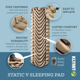 Klymit Static V Inflatable Sleeping Pad for Camping, Lightweight Hiking and Backpacking Air Bed, 3 Inch Thick, Coyote Sand
