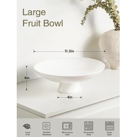 Kanwone Large Fruit Bowl for Kitchen Counter - Decorative Bowls for Home Décor - Ceramic Fruit Bowl, Pedestal Bowl - Modern Key Bowl for Entryway Table - 11.5 Inches, White