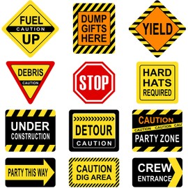 Blulu 12 Pack Construction Party Signs Construction Themed Party Decorations Laminated Caution Traffic Signs Cutouts with 40 Glue Points for Birthday Supplies
