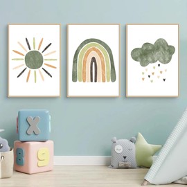 Herfair Set of 3 Pictures for Children's Room, Green Rainbow Clouds, Wall Pictures, Boho Decorative Posters, Baby Room without Frame for Boys and Girls, Bedroom Wall Decoration (21 x 30 cm, A4)