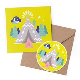 1 x Greeting Card & 10 cm Round Sticker Set - Teepee Camping Tent Forest Trees - Birthday Thank You Friend Lover Fan Mum Dad Kids #10746