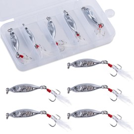 Goture Fishing Jigs,Zinc Alloy Vertical Jig Freshwater Saltwater,Jig Fishing Lures with Treble Hook and Feather,20g 5PCS Fishing Jigging Spoon Lures with Tackle Box for Tuna,Salmon,Bass,Trout