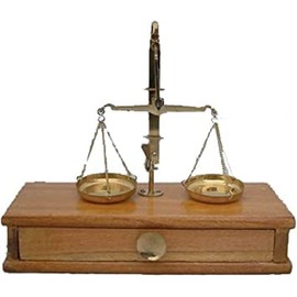 brass weighing scales 50gram wooden box with draw for weights