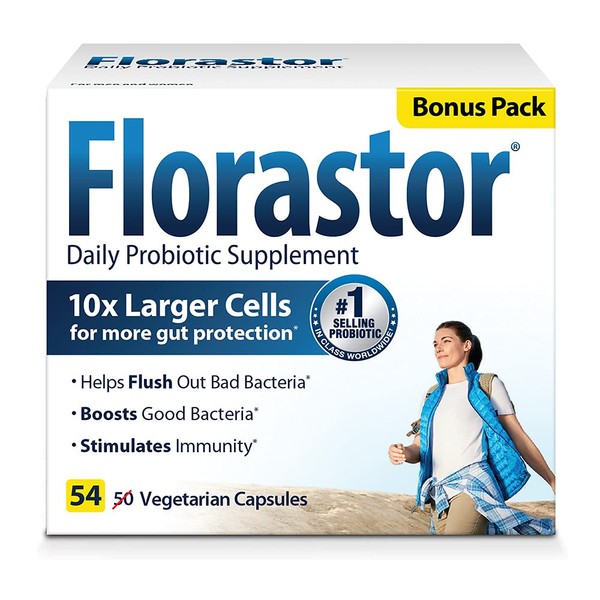 Florastor Daily Probiotic Supplement for Women and Men, Proven to Support Digestive Health, Saccharomyces Boulardii CNCM I-745 (54 Capsules), Pack of 2