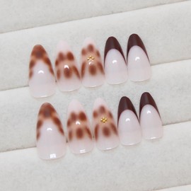 BABALAL Press on Nails Almond Medium Fake Nails Brown French Tip Glue on Nails Flower Coquette Acrylic Nails 24Pcs Fall Stick on Nails Manicure Gel Artificial Nails