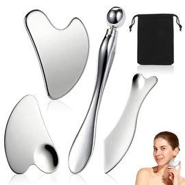 Kit de 4 Piezas Gua Sha Facial, Herramienta de Masaje de Acero Inoxidable Guasha, Lifting y Contorno Facial, Relajación Muscular y Belleza