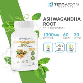 Terraform Nutrition Pure Ashwagandha Capsules with Black Pepper - Powerful & Potent 1300mg per Serving for Men & Women - 30 Servings - 60 Capsules