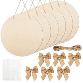 12 Pcs 16 Inch Wood Circles for Crafts Unfinished Round Wood Discs Blank Wooden Rounds Slices Round Wooden Door Hanger Signs with Bows, Twine and Glue Points for DIY Craft Holiday Decor,5 mm Thick