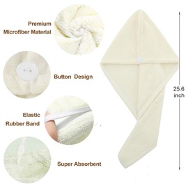 2PCS Microfiber Hair Towel - Super Absorbent Hair Turbans for Wet Hair- Anti Frizz Head Towels Wrap - Drying Towels with Button for Long Curly and Thick Hair (Grey + White)