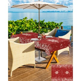 Christmas Outdoor Tablecloth with Umbrella Hole, Waterproof Zippered Table Cloth for Rectangle Tables Snowflake Red Trees Plants Tabletop Collection for Patio, Garden, Picnic, Camping 60 x 84 inch