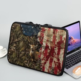Sktodyaw Laptop Bag for Women Men Casual Carrying Bag Durable and Waterproof Briefcase Computer Case with Zipper and Handle Business Office Work Bag, Forest Camo American Flag Deer Print, 10 inch