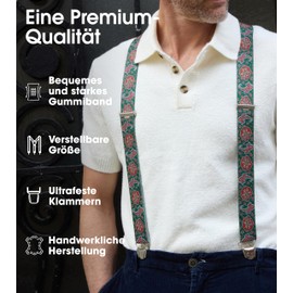 Pierrot Braces for Men Wide Made in Germany / France - Ultra Strong Elastic Band & 4 Extra Strong X-Clips - Adjustable Length up to 130 cm - Lifetime Guarantee, Paisley Green, Unit size