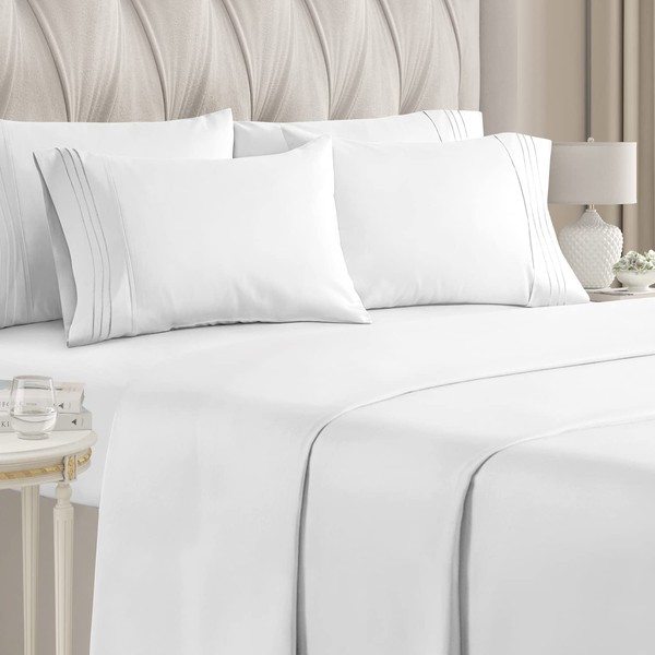 King Size Sheet Set - 6 Piece Set - Hotel Luxury Bed Sheets - Extra Soft - Deep Pockets - Easy Fit - Breathable & Cooling Sheets - Wrinkle Free - Comfy - White Bed Sheets - King Sheets 6 PC
