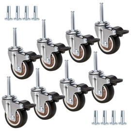 JGJC 2" Non-Marring Rubber Caster Wheels: Value 8-Pack Bulk Set | 5/16" ×1-1/2" (8×38mm) Grip Neck with Sleeve Plugs | Heavy Duty Casters with Brake for Wood Furniture Legs | Double Quantity of 4-Pack