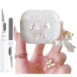 Olytop - Funda protectora para Airpods con purpurina de 3ª generación con lápiz limpiador, patrón de carcasa con corazón Airpods de 3 generaciones, piel protectora para niñas y mujeres con lazo