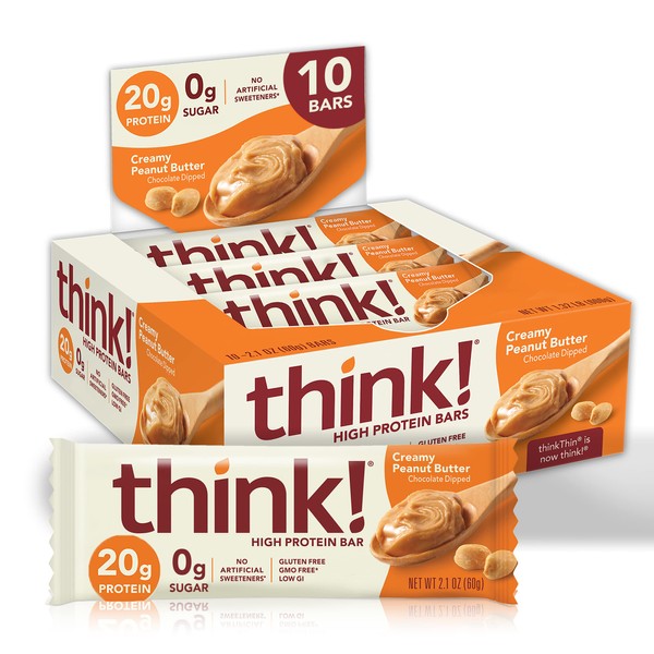 think! Protein Bars, High Protein Snacks, Gluten Free, Sugar Free Energy Bar with Whey Protein Isolate, Creamy Peanut Butter, Nutrition Bars without Artificial Sweeteners, 2.1 Oz (10 Count)