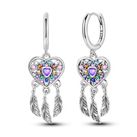 NARMO 925 Sterling Silver Earrings Colorful Dream Catcher Dangle Hoop Earrings for Women