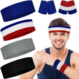 4 Pack Sweatbands Sports Headband for Men & Women - Terry Cloth Moisture-Wicking Sports Towel Headband for Tennis, Basketball, Running, Gym, and Fitness Working Out 2 Sets of Wristbands Included
