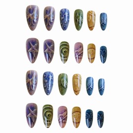BABALAL Beach Press on Nails Medium Almond Fake Nails Glue on Nails Colorful Acrylic Nails False Nails Starfish Octopus False Nails 24Pcs Custom Summer Stiletto Full Cover Nails for Women Girls