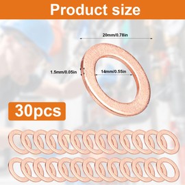 30 Pcs M14 Copper Washer Sealing Rings, Flat Copper Washers, Metric Sump Plug Washers for Screws Bolts Hydraulic Oil Drain Flat Sealing Crush Ring Washer Set(14mm ID 20mm OD 1.5mm Thickness)
