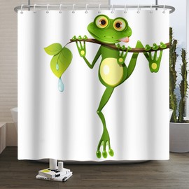 SDOTPMT 180 x 180 cm Cute Cartoon Frog Shower Curtain Little Frog on Tree Branch Green Leaves Bath Curtain Summer Animal White Bath Curtain for Children Bathroom Polyester Waterproof with Hooks