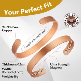 Feraco Copper Magnetic Bracelet for Men Women, 99.99% Pure Copper Cuff Bangle with Strong Neodymium Magnets, Adjustable Jewelry Gifts