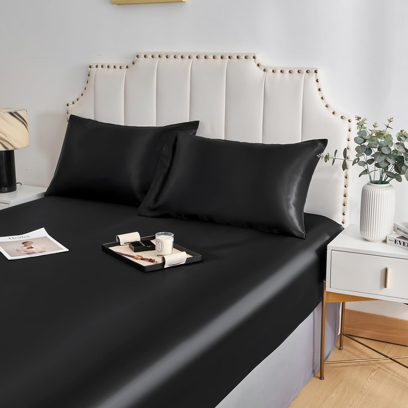 JHCHMX Satin Fitted Sheet Single,Deep Pocket Silkly Black Single Bed