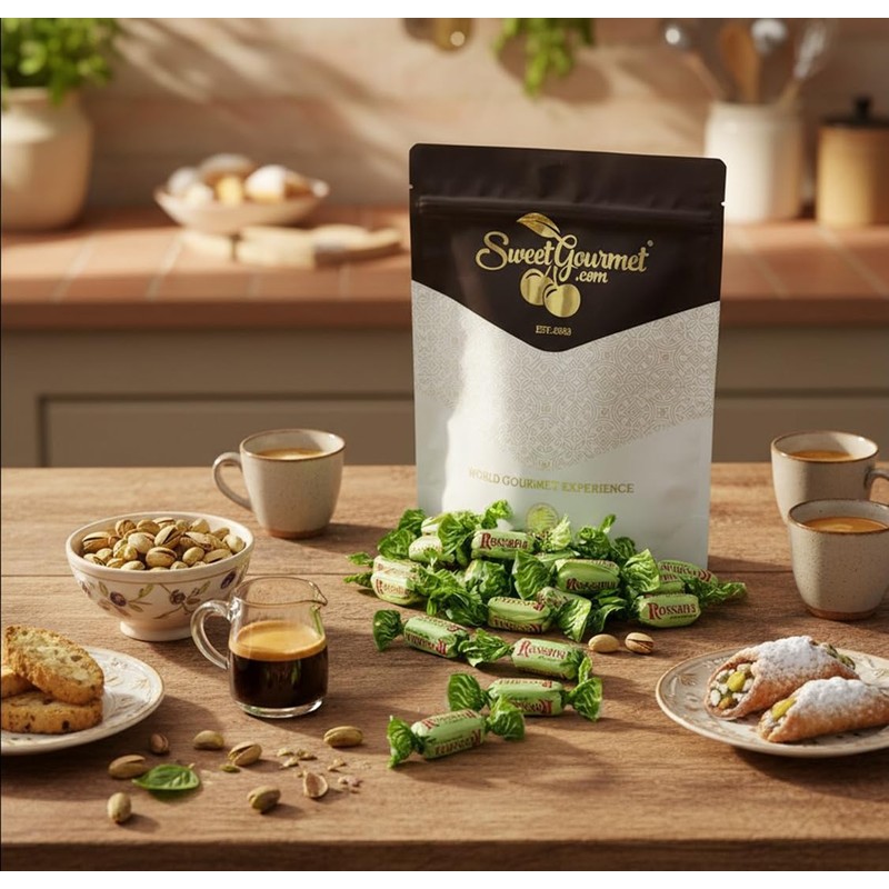 SweetGourmet Rossana Pistachio Paste Center Filled Hard Candy, Italian Wrapped