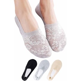 BAERU Women's Foot Cover Socks, Non-Slip, Lace, For Pumps, Cotton, Cotton (3 Colors, 3 Pair Set), Skin Color: Gray, Black, Free size