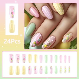 24Pcs Spring Summer Floral Press on Nails Coffin Fake Nails Medium Reusable False Nails Kit Colorful Flower Nails Artificial Acrylic Nails Press ons Glossy Full Cover Stick on Nails for Women Girls