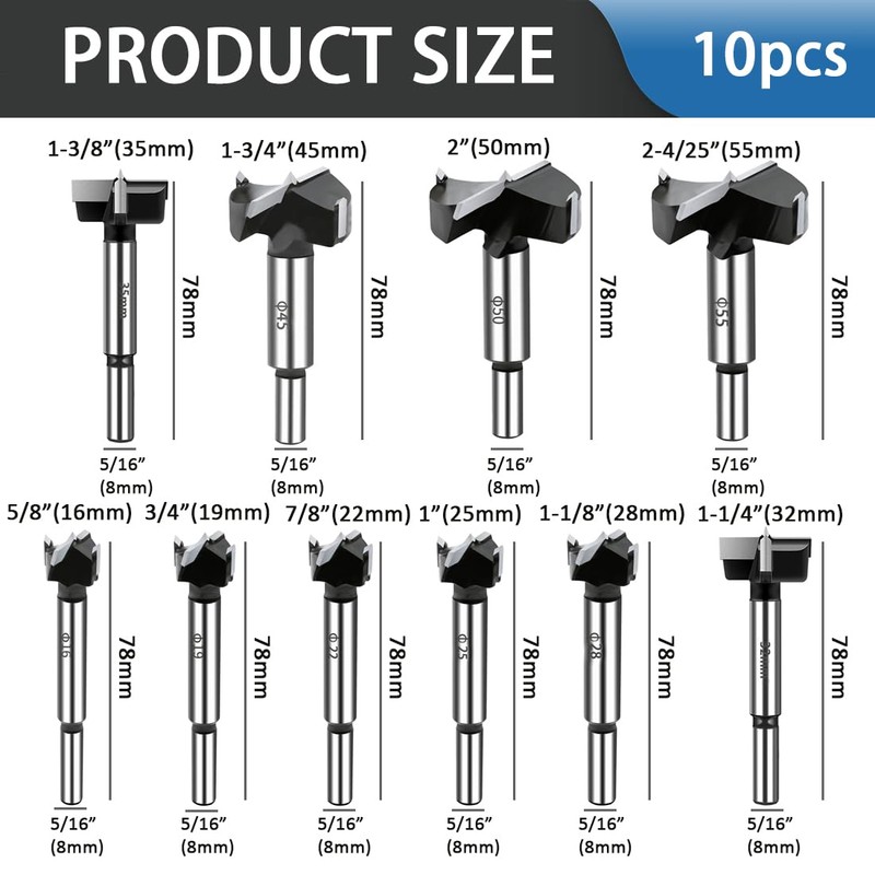 10PCS Forstner Drill Bit,Carbide Tipped Forstner Bit for Hard Wood,