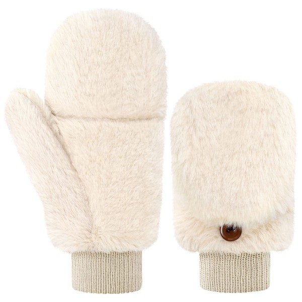 Women Mittens Winter Fur Gloves Flip Cover Gloves with Faux