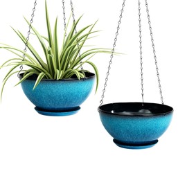 Vanslogreen 2 Pack 10 inch Hanging Planters, Plastic Hanging Plant Pots with Drainage Hole and Chain, Hanging Flower Pots for Outdoor Indoor Plants (Blue)