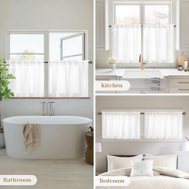 HOMEIDEAS Non-See-Through White Privacy Sheer Kitchen Curtains, 30 X 36